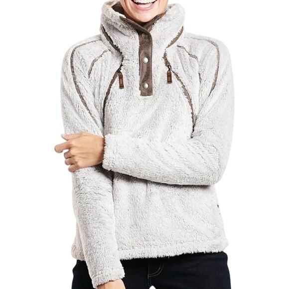 KUHL Flight Pullover Sweater Fleece Sherpa Stowable Hood Snap Stone Medium - Picture 1 of 8